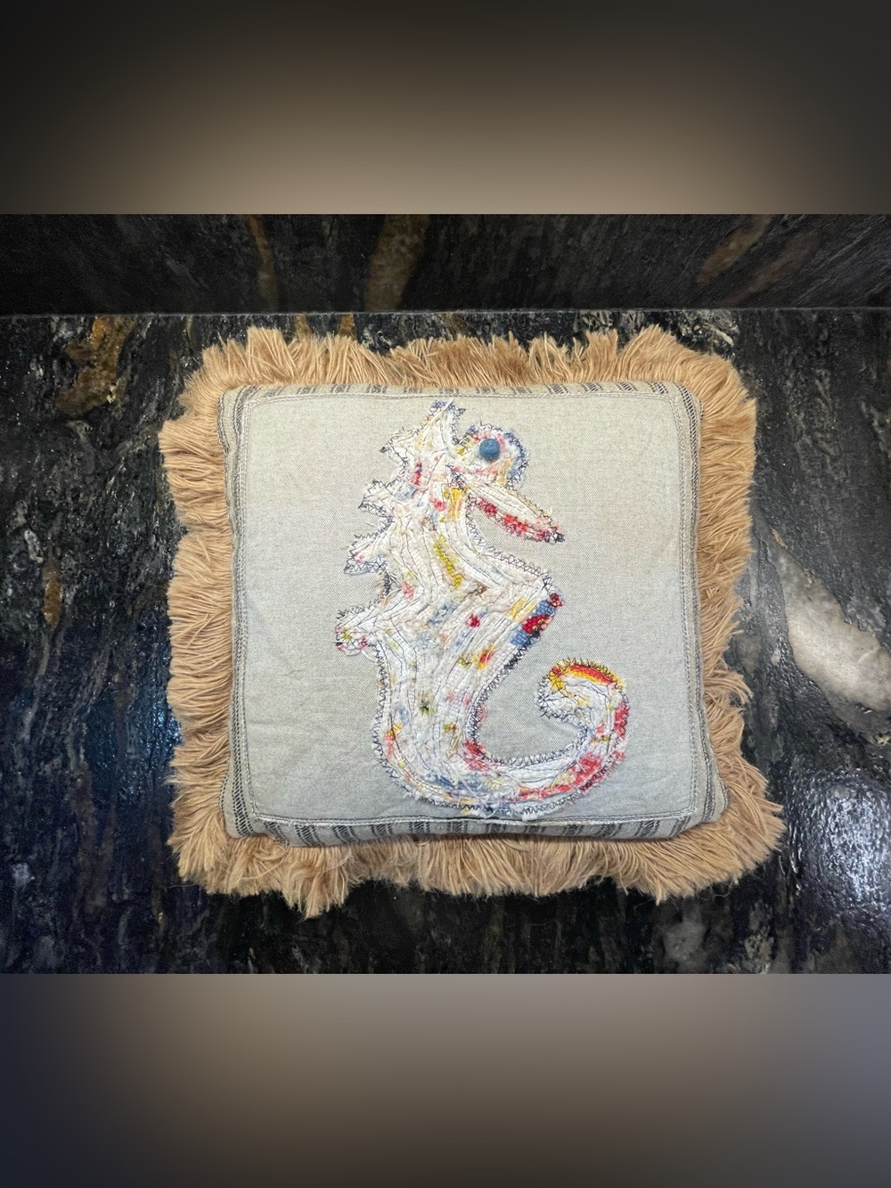 Fringed Seahorse Accent Pillow Handmade Quilted Signed Cashmere Inside - 18”X18”